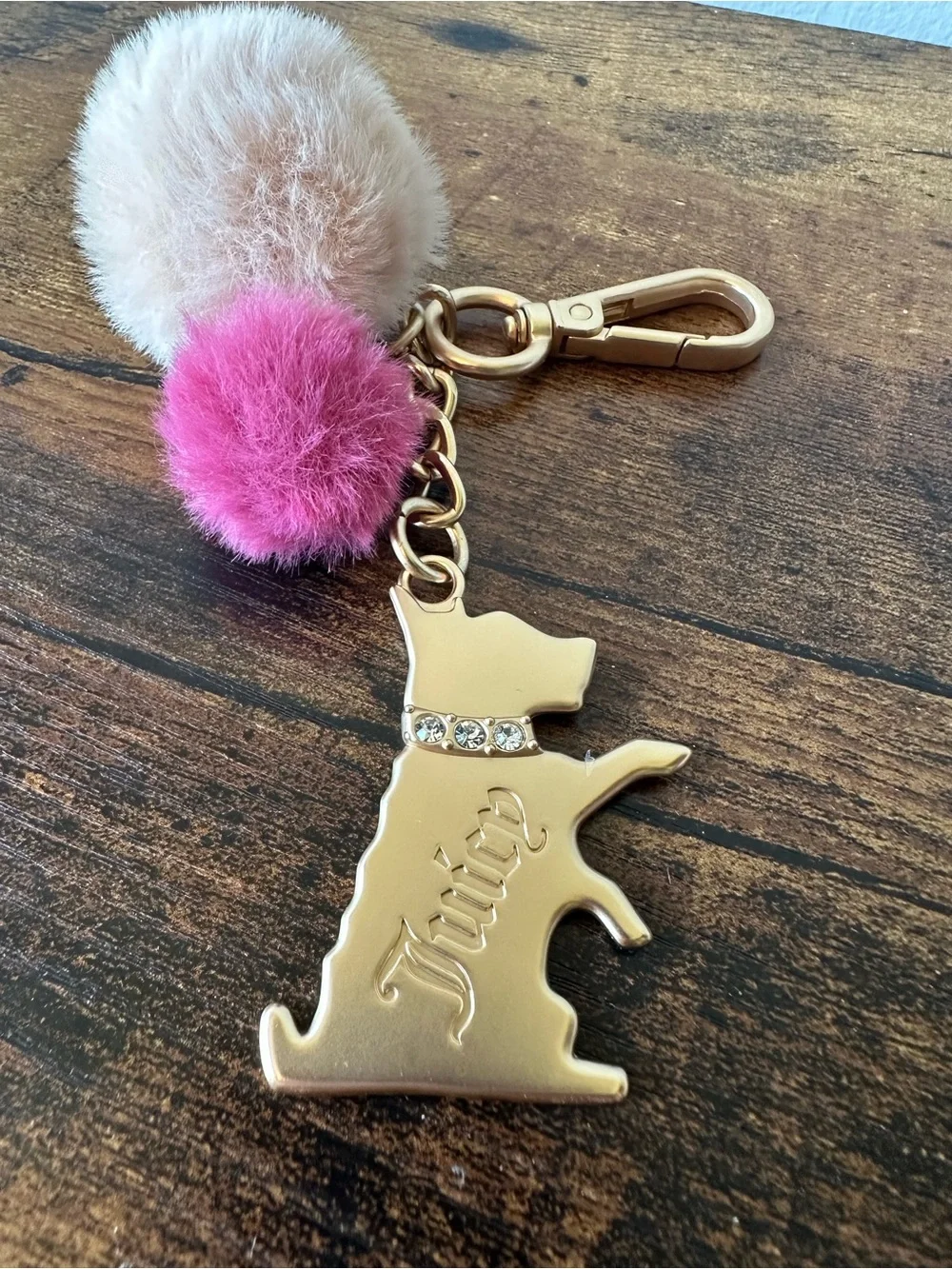 Juicy Couture Gold Dog Bag Charm Keychain with Pink & Beige Pom Poms NWOT